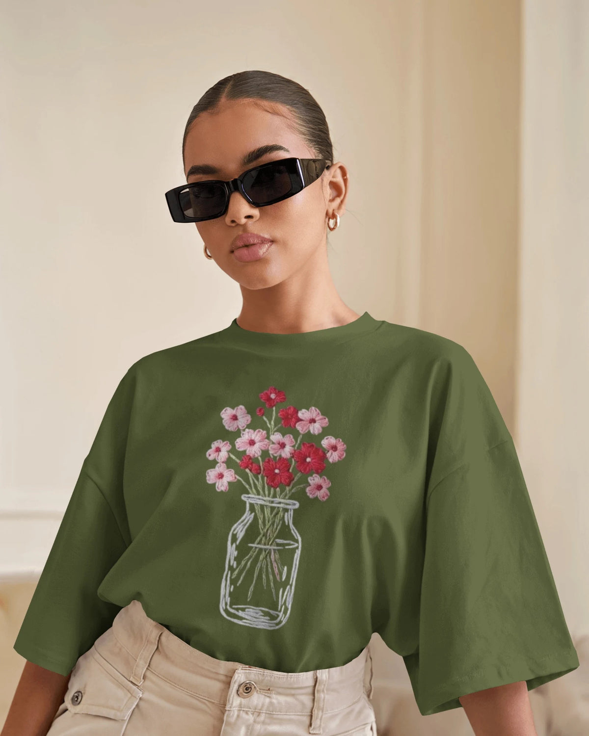 "Embroidered Bloom Jar – Minimal Floral Art Tee"