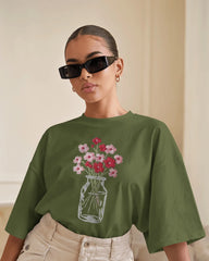 "Embroidered Bloom Jar – Minimal Floral Art Tee"