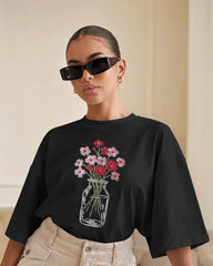 "Embroidered Bloom Jar – Minimal Floral Art Tee"