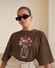 "Embroidered Bloom Jar – Minimal Floral Art Tee"