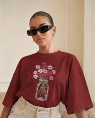 "Embroidered Bloom Jar – Minimal Floral Art Tee"